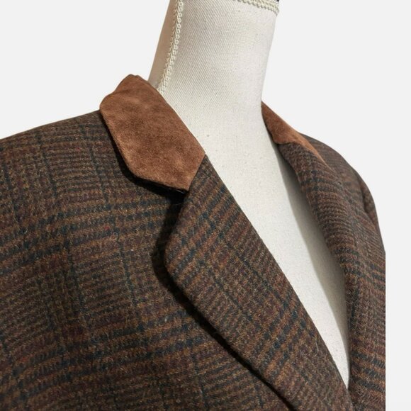 Vintage 90s Wool Plaid Blazer Jacket Women's Large Equestrian Brown Suede Trim - Picture 2 of 15